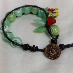 Woven Bracelet with Vintage Green Glass Beads, Red Flowers, Antique Button